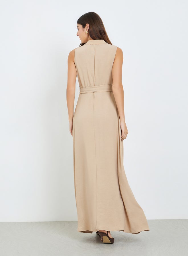 Styli Women Beige Sleeveless Blazer Maxi Dress - Image 4